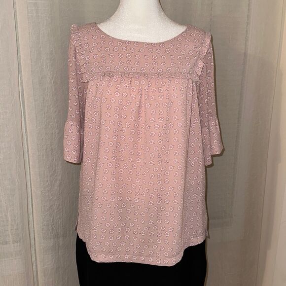 LOFT MP Blush Pink White Fuchsia Gray Floral Baby Doll Short Sleeve Blouse - Picture 1 of 10